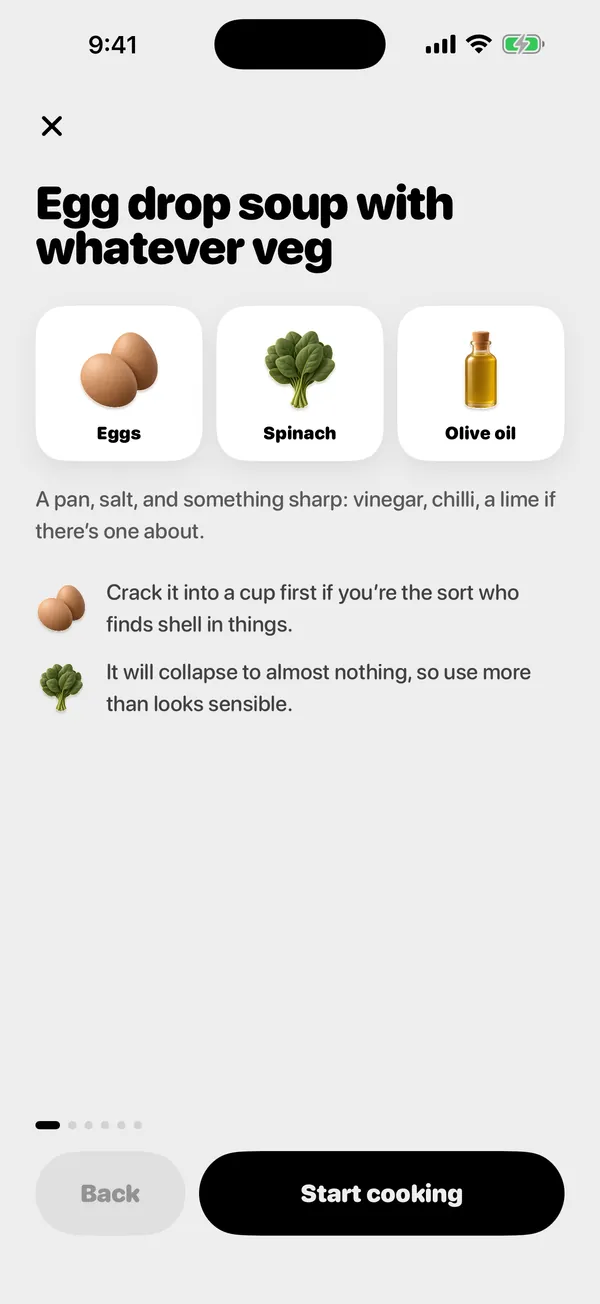 A cooking guide in Plenty for egg drop soup with whatever veg, showing eggs, spinach and olive oil with short tips.