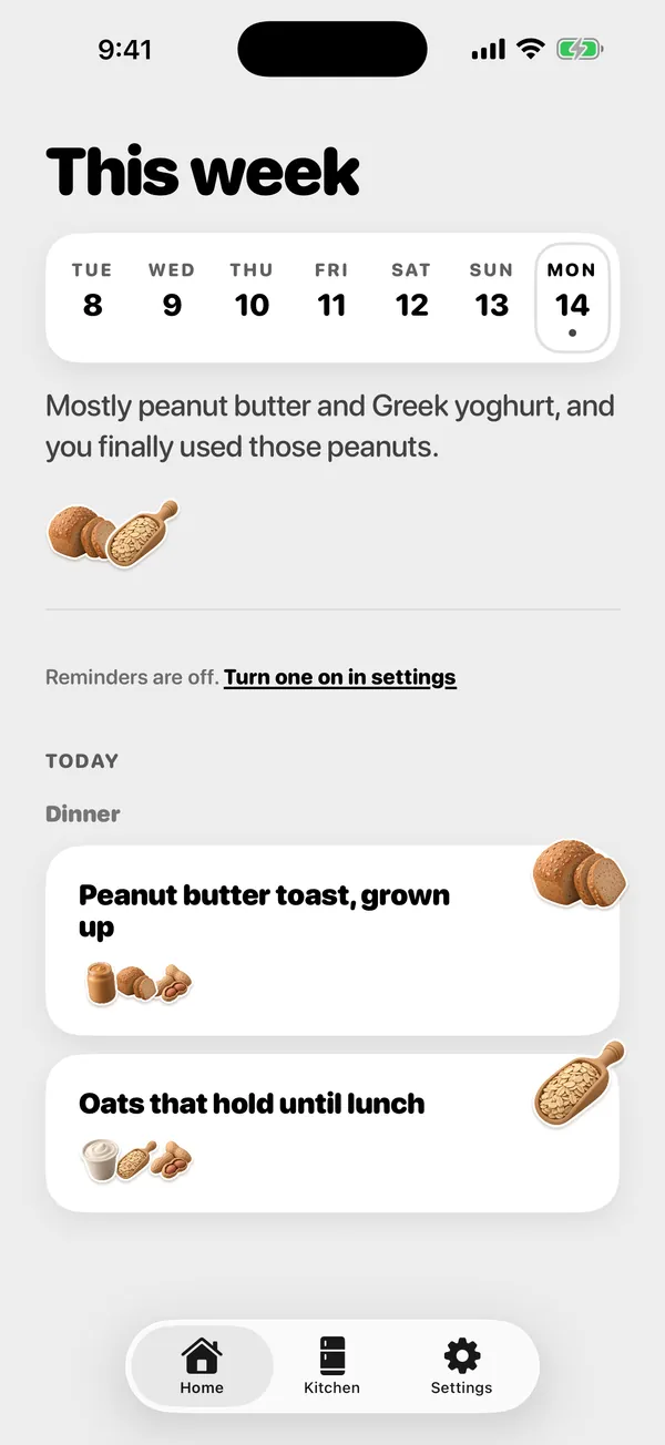 The This week screen in Plenty, with the days of the week and today's meals, like peanut butter toast and oats.