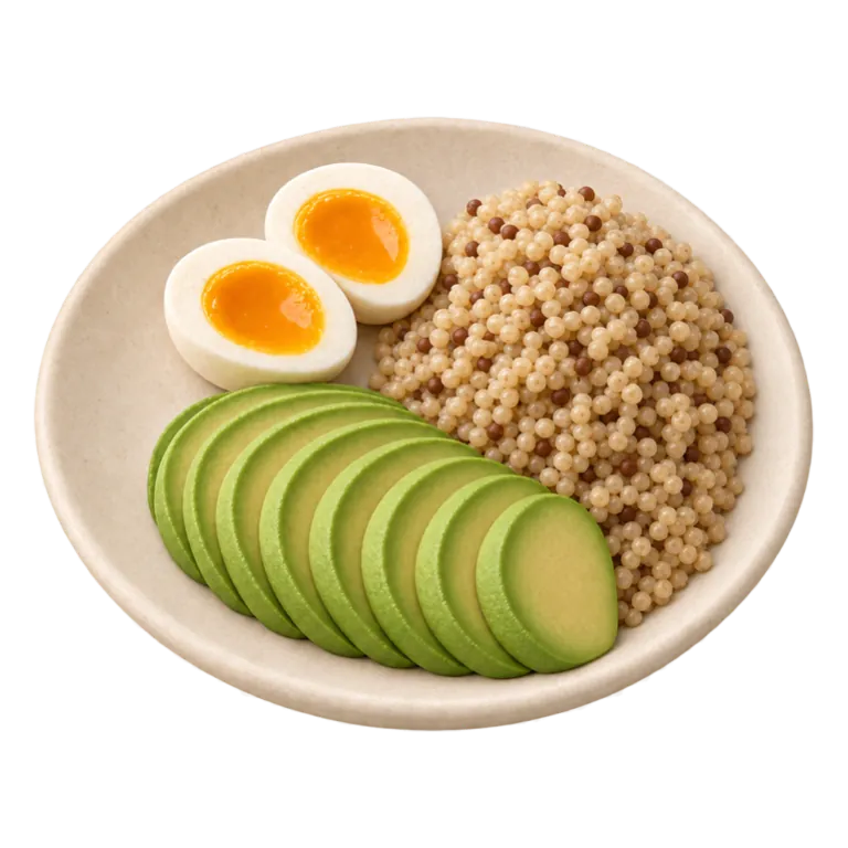 A plate with halved soft eggs, sliced avocado and grains