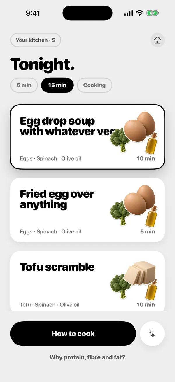 The Tonight screen in Plenty, suggesting egg drop soup with whatever veg, fried egg over anything, and tofu scramble.